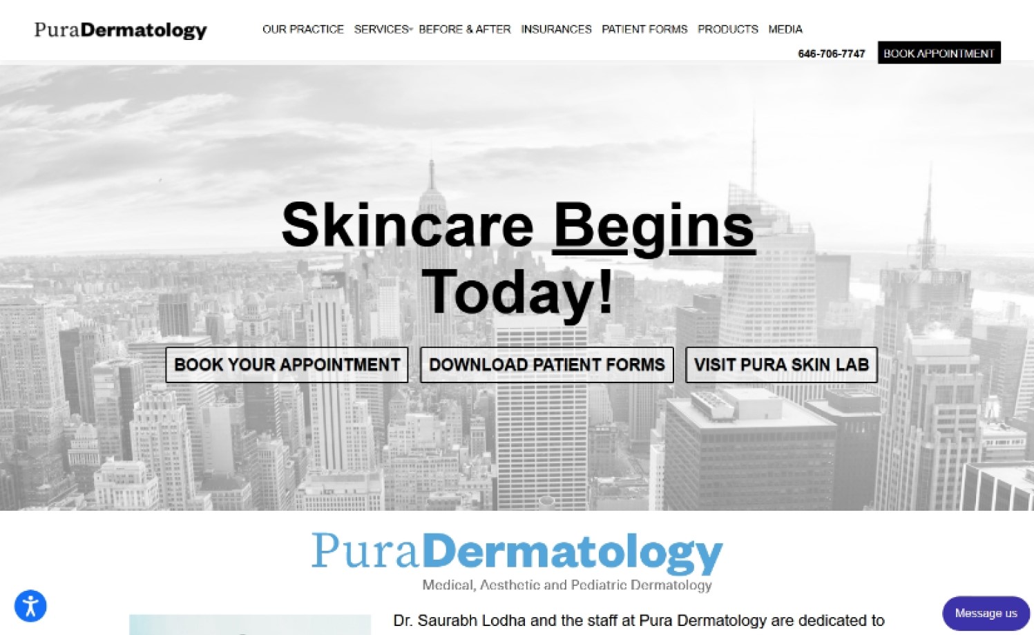Pura Dermatology website screenshot